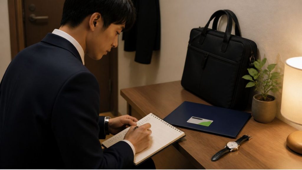 入社初日に必要な書類・通勤経路・連絡先をチェックする若手会社員