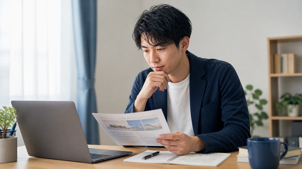企業の公式情報と求人票を5枚のカードに整理する若手会社員