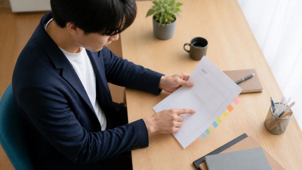 求人票の仕事内容を5色の付箋で分解して確認する若手会社員