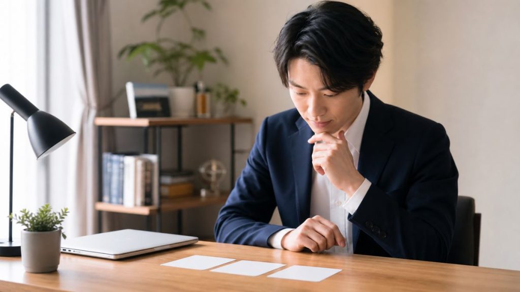 面接前に仕事内容・期待・働き方の3枚の質問カードを確認する若手会社員