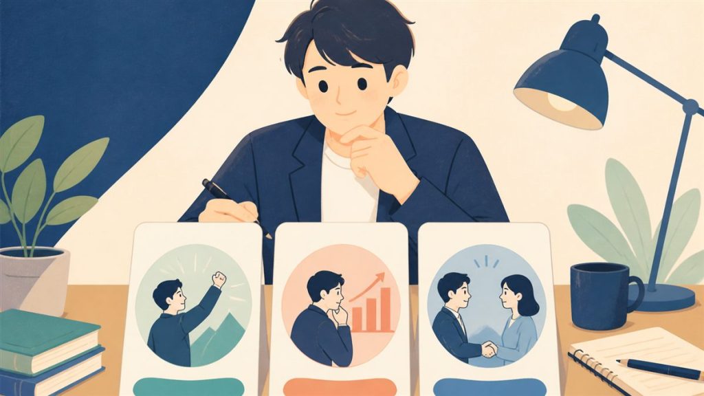 成功・改善・協力の3つの仕事例をカードで整理する会社員