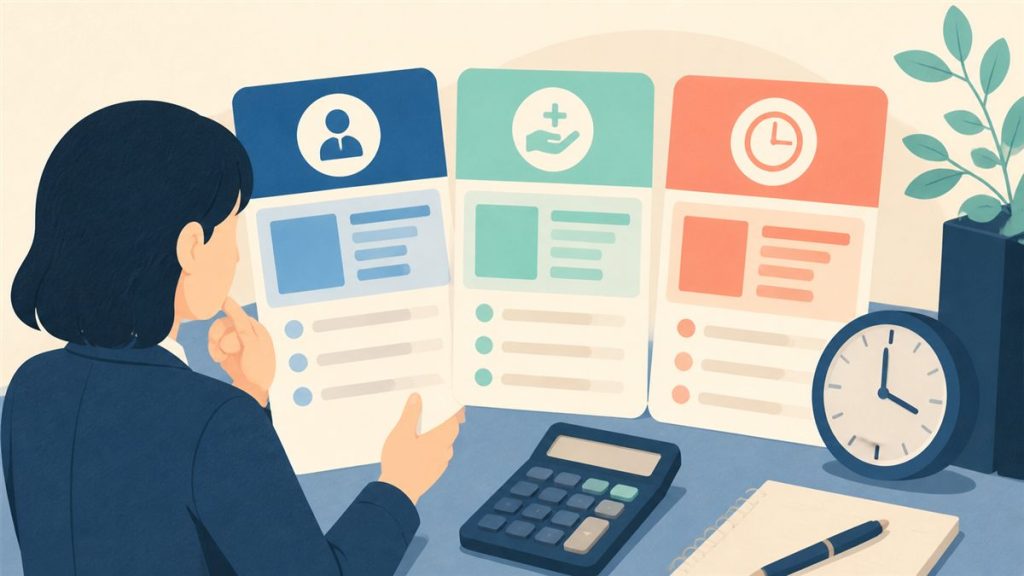 求人票の給与内訳と残業時間を電卓と時計で比較する場面