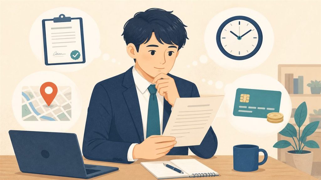 内定後の契約書と勤務時間・勤務地・賃金の条件を確認する会社員