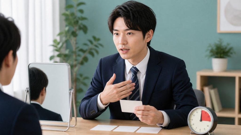 面接前に1分の自己紹介をタイマーで練習する若手会社員