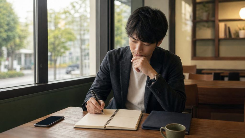 面接直後に質問と回答を5項目のノートへ記録する若手会社員