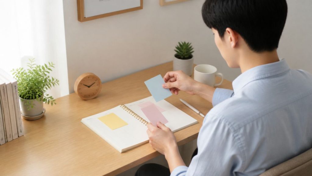 机の上で現状・希望・次の一歩を3枚のカードに整理する若手会社員