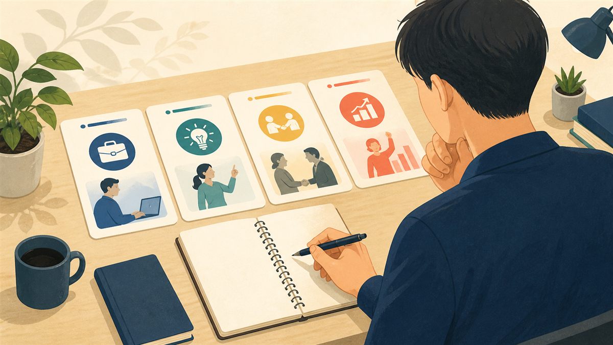 担当・工夫・協力・結果を4枚のカードで棚卸しする会社員