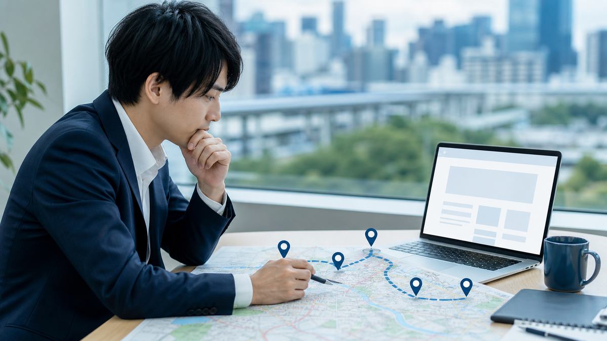 求人票と路線図を並べて現在と将来の勤務地を確認する若手会社員